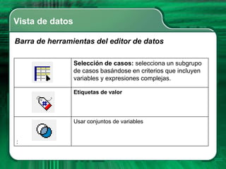 Vista de datos

Barra de herramientas del editor de datos

                 Selección de casos: selecciona un subgrupo
                 de casos basándose en criterios que incluyen
                 variables y expresiones complejas.

                 Etiquetas de valor




                 Usar conjuntos de variables


:
 