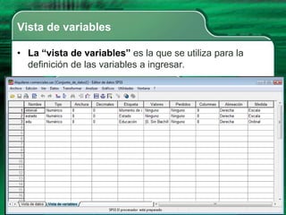 Vista de variables

• La “vista de variables” es la que se utiliza para la
  definición de las variables a ingresar.
 