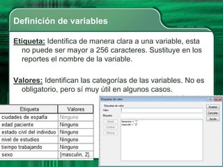 Definición de variables

Etiqueta: Identifica de manera clara a una variable, esta
  no puede ser mayor a 256 caracteres. Sustituye en los
  reportes el nombre de la variable.

Valores: Identifican las categorías de las variables. No es
  obligatorio, pero sí muy útil en algunos casos.
 
