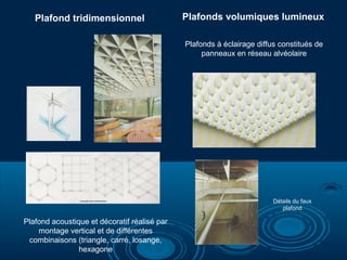 Plafond tridimensionnel
Plafond acoustique et décoratif réalisé par
montage vertical et de différentes
combinaisons (triangle, carré, losange,
hexagone
Plafonds volumiques lumineux
Plafonds à éclairage diffus constitués de
panneaux en réseau alvéolaire
Détails du faux
plafond
 