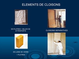 ELEMENTS DE CLOISONS
EN LAINE DE VERRE
+ PLATRES
EN PLATRES + BILLES DE
STYROPORTS CLOISONS SEPARATIVES
 