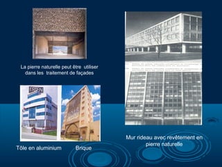 La pierre naturelle peut être utiliser
dans les traitement de façades
Mur rideau avec revêtement en
pierre naturelle
BriqueTôle en aluminium
 