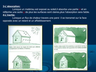 3-L’absorption:
Lorsque un matériau est exposé au soleil,il absorbe une partie α et en
réfléchie une autre ρ de plus les surfaces sont claires,plus l’absorption sera faible.
4-L’inertie:
Lorsque un flux de chaleur travers une paroi il se transmet sur la face
opposée avec un retard et un affaiblissement.
 