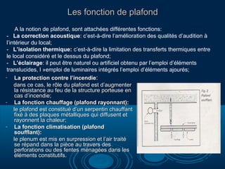 Les fonction de plafondLes fonction de plafond
- La protection contre l’incendieLa protection contre l’incendie::
dans ce cas, le rôle du plafond est d’augmenterdans ce cas, le rôle du plafond est d’augmenter
la résistance au feu de la structure porteuse enla résistance au feu de la structure porteuse en
cas d’incendie;cas d’incendie;
- La fonction chauffage (plafond rayonnant):La fonction chauffage (plafond rayonnant):
le plafond est constitué d’un serpentin chauffantle plafond est constitué d’un serpentin chauffant
fixé à des plaques métalliques qui diffusent etfixé à des plaques métalliques qui diffusent et
rayonnent la chaleur;rayonnent la chaleur;
- La fonction climatisation (plafondLa fonction climatisation (plafond
soufflant):soufflant):
le plenum est mis en surpression et l’air traitéle plenum est mis en surpression et l’air traité
se répand dans la pièce au travers desse répand dans la pièce au travers des
perforations ou des fentes ménagées dans lesperforations ou des fentes ménagées dans les
éléments constitutifs.éléments constitutifs.
A la notion de plafond, sont attachées différentes fonctions:
- La correction acoustique: c’est-à-dire l’amélioration des qualités d’audition à
l’intérieur du local;
- L’isolation thermique: c’est-à-dire la limitation des transferts thermiques entre
le local considéré et le dessus du plafond;
- L’éclairage: il peut être naturel ou artificiel obtenu par l’emploi d’éléments
translucides, l »emploi de luminaires intégrés l’emploi d’éléments ajourés;
 