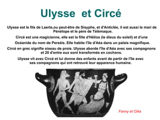 QUI EST ULYSSE AVANT TROIE ? Ulysse est un des plus grand héros de la mythologie grecque.  Il est fils de Laerte et d'Anticlée. Ullysse est  à la tête d'un archipel constitué de plusieurs îles, les îles ioniennes C'est un prince éloquent, fin,rusé, artificieux. Ulysse est allé chez son aïeul pour faire de la chasse au sanglier, où il est blessé au genou ce qui lui permet d' être  reconnu par sa nourrice Euriclée et sa femme Pénélope.  ULYSSE est le roi d'Ithaque. Ulysse a un fils Télémaque, il est le descendant de Zeus, dieu des dieux, et d'Hermès, le messager des dieux. Marie et Hugo 