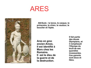 ARES
Attributs : la lance, le casque, la
primevère, le chien, le vautour, le
bouclier et l'épée.
Ares en grec
ancien Areos.
Il est identifié à
Mars chez les
Romains.
Il est le dieu de
la guerre et de
la destruction.
Il fait partie
des douze
Olympiens, et
il remplissait
l'Olympe du
bruit de ses
querelles
incessantes.
Ces parents
sont Zeus et
Héra.
 