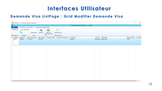 Interfaces Utilisateur
Demande Visa ListP age : Grid Mo difie r Demande Visa
15
 