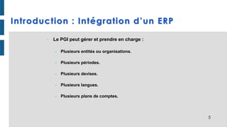 Introduction : Intégration d’un ERP
5
• Le PGI peut gérer et prendre en charge :
• Plusieurs entités ou organisations.
• Plusieurs périodes.
• Plusieurs devises.
• Plusieurs langues.
• Plusieurs plans de comptes.
 