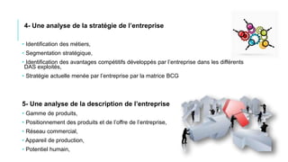 4- Une analyse de la stratégie de l’entreprise
• Identification des métiers,
• Segmentation stratégique,
• Identification des avantages compétitifs développés par l’entreprise dans les différents
DAS exploités,
• Stratégie actuelle menée par l’entreprise par la matrice BCG
5- Une analyse de la description de l’entreprise
• Gamme de produits,
• Positionnement des produits et de l’offre de l’entreprise,
• Réseau commercial,
• Appareil de production,
• Potentiel humain,
 