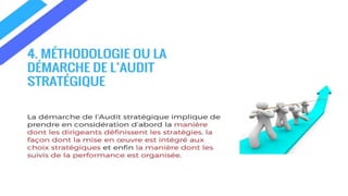 4. MÉTHODOLOGIE OU LA DÉMARCHE DE
L’AUDIT STRATÉGIQUE
La démarche de l’Audit stratégique implique de prendre en
considération d’abord la manière dont les dirigeants définissent
les stratégies, la façon dont la mise en œuvre est intégré aux
choix stratégiques et enfin la manière dont les suivis de la
performance est organisée.
 