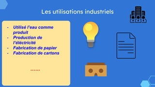 Les utilisations industriels
- Utilisé l’eau comme
produit
- Production de
l’éléctricité
- Fabrication de papier
- Fabrication de cartons
……
 