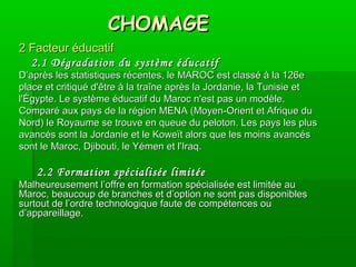 CHOMAGECHOMAGE
2 Facteur éducatif2 Facteur éducatif
2.1 Dégradation du système éducatif2.1 Dégradation du système éducatif
D’après les statistiques récentes, le MAROC est classé à la 126eD’après les statistiques récentes, le MAROC est classé à la 126e
place et critiqué d'être à la traîne après la Jordanie, la Tunisie etplace et critiqué d'être à la traîne après la Jordanie, la Tunisie et
l'Égypte. Le système éducatif du Maroc n'est pas un modèle.l'Égypte. Le système éducatif du Maroc n'est pas un modèle.
Comparé aux pays de la région MENA (Moyen-Orient et Afrique duComparé aux pays de la région MENA (Moyen-Orient et Afrique du
Nord) le Royaume se trouve en queue du peloton. Les pays les plusNord) le Royaume se trouve en queue du peloton. Les pays les plus
avancés sont la Jordanie et le Koweït alors que les moins avancésavancés sont la Jordanie et le Koweït alors que les moins avancés
sont le Maroc, Djibouti, le Yémen et l'Iraq.sont le Maroc, Djibouti, le Yémen et l'Iraq.
2.2 Formation spécialisée limitée2.2 Formation spécialisée limitée
Malheureusement l’offre en formation spécialisée est limitée auMalheureusement l’offre en formation spécialisée est limitée au
Maroc, beaucoup de branches et d’option ne sont pas disponiblesMaroc, beaucoup de branches et d’option ne sont pas disponibles
surtout de l’ordre technologique faute de compétences ousurtout de l’ordre technologique faute de compétences ou
d’appareillage.d’appareillage.
 