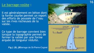 Le barrage-voûte :
Il est généralement en béton dont
la forme courbe permet un report
des efforts de poussée de l’eau
sur les rives rocheuses de la
vallée.
Ce type de barrage convient bien
lorsque la topographie permet de
fermer la vallée par une forme
arquée de longueur réduite.
Fig ( 8
)
,
(
9
: ) Barrage de St-Pierre-Cognet
16
 