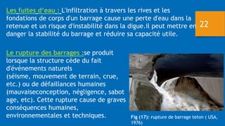 Les fuites d‘eau : L'infiltration à travers les rives et les
fondations de corps d'un barrage cause une perte d'eau dans la
retenue et un risque d'instabilité dans la digue.il peut mettre en
danger la stabilité du barrage et réduire sa capacité utile.
Le rupture des barrages :se produit
lorsque la structure cède du fait
d'événements naturels
(séisme, mouvement de terrain, crue,
etc.) ou de défaillances humaines
(mauvaiseconception, négligence, sabot
age, etc). Cette rupture cause de graves
conséquences humaines,
environnementales et techniques. Fig (17): rupture de barrage teton ( USA,
1976)
22
 