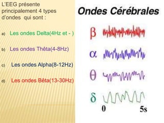 L’EEG présente
principalement 4 types
d’ondes qui sont :
a) Les ondes Delta(4Hz et - )
b) Les ondes Thêta(4-8Hz)
c) Les ondes Alpha(8-12Hz)
d) Les ondes Bêta(13-30Hz)
 