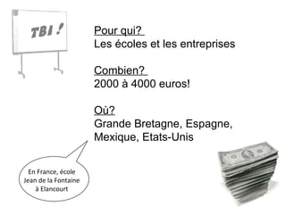 Pour qui?  Les écoles et les entreprises Combien?  2000 à 4000 euros! Où? Grande Bretagne, Espagne, Mexique, Etats-Unis En France, école Jean de la Fontaine à Elancourt 