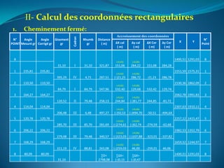 II- Calcul des coordonnées rectangulaires
N°
POINT
Angle
Mesuré gr
Angle
Corrigé gr
Gisement
gr
Cadran
Rhumb
gr
Distance
( m)
Accroissement des coordonnées
X Y
N°
Point∆X cal
( m)
∆y cal
( m)
∆X Cor
( m)
∆y Cor
( m)
B
31,10 I 31,10 321,87
(+0,02)
151,06
(+0,06)
284,22 151,08 284,28
1400,51 1291,03 B
1 235,81 235,81 1551,59 1575,31 1
395,29 IV 4,71 287,51
(+0,02)
(-)21,25
(+0,06)
286,72 -21,23 286,78
2 110,50 110,50 1530,36 1862,09 2
84,79 I 84,79 547,96
(+0,02)
532,40
(+0,06)
129,68 532,42 129,74
3 164,27 164,27 2062,78 1991,83 3
120,52 II 79,48 258,13
(+0,01)
244,84
(+0,05)
(-)81,77 244,85 -81,72
4 114,04 114,04 2307,63 1910,11 4
206,48 III 6,48 497,27
(+0,02)
(-)50,53
(+0,06)
(-)494,70 -50,51 -494,64
5 120,78 120,78 2257,12 1415,47 5
285,70 III 85,70 281,69
(+0,02)
(-)274,61
(+0,06)
(-)62,74 -274,59 -62,68
6 206,22 206,22 1982,53 1352,79 6
279,48 III 79,48 340,57
(+0,02)
(-)323,03
(+0,06)
(-)107,88 -323,01 -107,82
7 168,29 168,29 1659,52 1244,97 7
311,19 IV 88,81 263,08
(+0,02)
(-)259,03
(+0,06)
46,00 -259,01 46,06
B 80,09 80,09 1400,51 1291,03 B
31,10
∑D=
2798,08
∑∆X=
(-)0,15
∑∆X=
(-)0,47
1. Cheminement fermé:
 