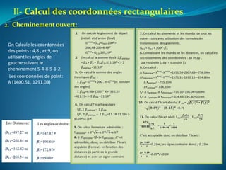 II- Calcul des coordonnées rectangulaires
On Calcule les coordonnées
des points : 4,8 , et 9, on
utilisant les angles de
gauche suivant le
cheminement 5-4-8-9-1-2.
Les coordonnées de point:
A (1400.51, 1291.03)
2. Cheminement ouvert:
 