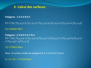 3- Calcul des surfaces:
Polygone: 1-2-3-4-8-9-1
S1=1/2[x1*(y9-y2)+x2*(y1-y3)+x3*(y2-y4)+x4*(y3-y8)+x8*(y4-y9)+x9*(y1-y8)]
S1=192564.78m²
Polygone: :1-9-8-4-5-6-7-B-1
S2=1/2[x1*(yB-y9)+x9*(y1-y8)+x8*(y9-y4)+x4*(y8-y5)+x5*(y4-y6)+x6*(y5-y7)+
x7*(y6-yB)+ xB*(y7-y1)]
S2=279085.90m²
Donc la surface totale de polygone B-1-2-3-4-5-6-7-B est:
S= S1+S2= 471650.68m²
 