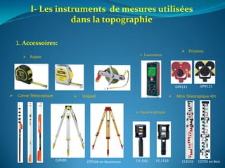I- Les instruments de mesures utilisées
dans la topographie
GPR111 GPR121
 Prismes
1. Accessoires:
 Trépied
CTP104 en Aluminium CGT05 en BoisCLR101 CLR103
 Mire Télescopique 4m
 Ruban
 Canne Télescopique
 Lasermétre
 Équerre optique
T.P. OS2 F1 / F10
 