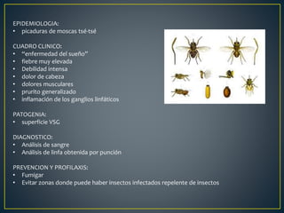 EPIDEMIOLOGIA:
• picaduras de moscas tsé-tsé
CUADRO CLINICO:
• “enfermedad del sueño”
• fiebre muy elevada
• Debilidad intensa
• dolor de cabeza
• dolores musculares
• prurito generalizado
• inflamación de los ganglios linfáticos
PATOGENIA:
• superficie VSG
DIAGNOSTICO:
• Análisis de sangre
• Análisis de linfa obtenida por punción
PREVENCION Y PROFILAXIS:
• Fumigar
• Evitar zonas donde puede haber insectos infectados repelente de insectos
 
