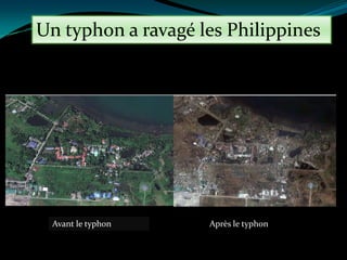 Un typhon a ravagé les Philippines

Avant le typhon

Après le typhon

 