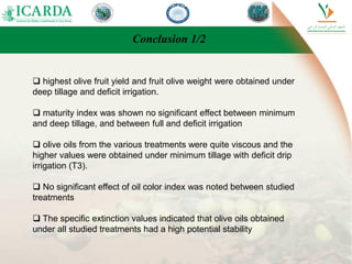 Conclusion 1/2
 highest olive fruit yield and fruit olive weight were obtained under
deep tillage and deficit irrigation.
 maturity index was shown no significant effect between minimum
and deep tillage, and between full and deficit irrigation
 olive oils from the various treatments were quite viscous and the
higher values were obtained under minimum tillage with deficit drip
irrigation (T3).
 No significant effect of oil color index was noted between studied
treatments
 The specific extinction values indicated that olive oils obtained
under all studied treatments had a high potential stability
 