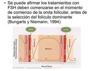 • Se puede afirmar los tratamientos con
FSH deben comenzarse en el momento
de comienzo de la onda folicular, antes de
la selección del folículo dominante
(Bungarts y Niemann, 1994)
 