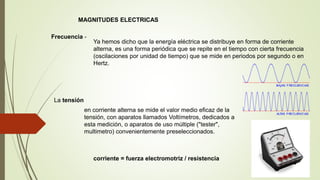 MAGNITUDES ELECTRICAS
Frecuencia -
Ya hemos dicho que la energía eléctrica se distribuye en forma de corriente
alterna, es una forma periódica que se repite en el tiempo con cierta frecuencia
(oscilaciones por unidad de tiempo) que se mide en periodos por segundo o en
Hertz.
La tensión
en corriente alterna se mide el valor medio eficaz de la
tensión, con aparatos llamados Voltímetros, dedicados a
esta medición, o aparatos de uso múltiple ("tester",
multimetro) convenientemente preseleccionados.
corriente = fuerza electromotriz / resistencia
 