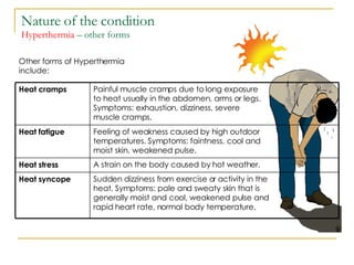 Nature of the condition Hyperthermia  – other forms Other forms of Hyperthermia include: Sudden dizziness from exercise or activity in the  heat. Symptoms: pale and sweaty skin that is  generally moist and cool, weakened pulse and  rapid heart rate, normal body temperature.  Heat syncope  A strain on the body caused by hot weather.  Heat stress Feeling of weakness caused by high outdoor  temperatures. Symptoms: faintness, cool and  moist skin, weakened pulse. Heat fatigue Painful muscle cramps due to long exposure  to heat usually in the abdomen, arms or legs.  Symptoms: exhaustion, dizziness, severe  muscle cramps. Heat cramps 