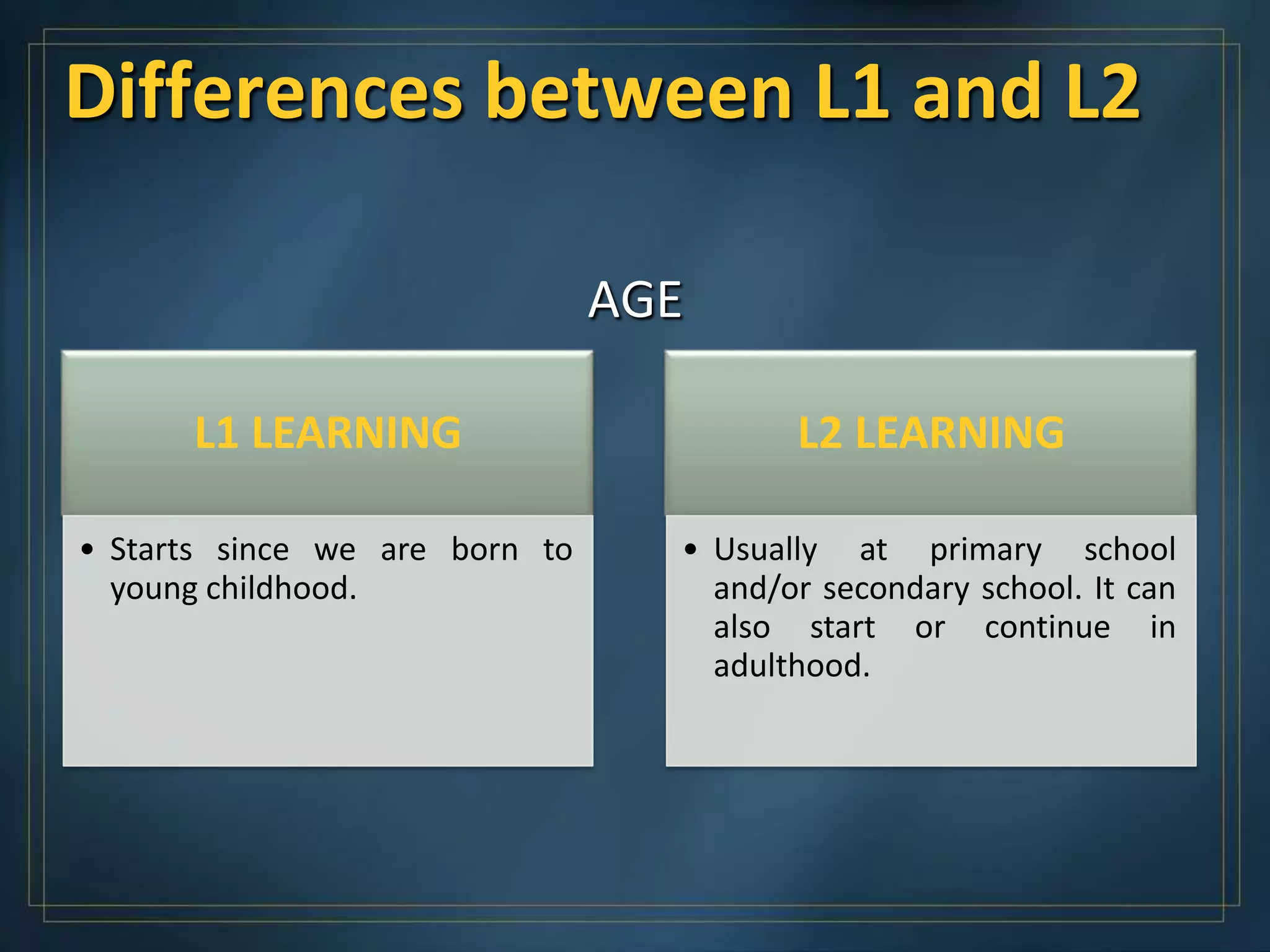 Differences between L1 and L2

                                AGE

      L1 LEARNING                        L2 LEARNING

• Starts since we are born to     • Usually at primary school
  young childhood.                  and/or secondary school. It can
                                    also start or continue in
                                    adulthood.
 