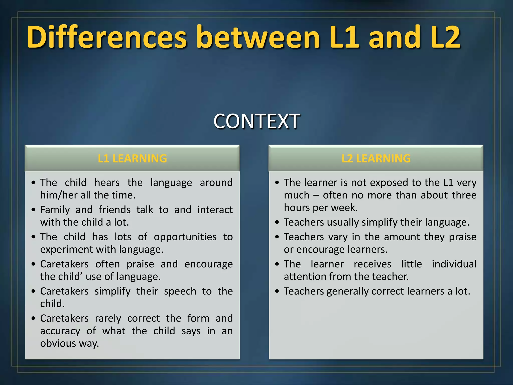 Differences between L1 and L2

                                    CONTEXT
             L1 LEARNING                                  L2 LEARNING
• The child hears the language around       • The learner is not exposed to the L1 very
  him/her all the time.                       much – often no more than about three
• Family and friends talk to and interact     hours per week.
  with the child a lot.                     • Teachers usually simplify their language.
• The child has lots of opportunities to    • Teachers vary in the amount they praise
  experiment with language.                   or encourage learners.
• Caretakers often praise and encourage     • The learner receives little individual
  the child’ use of language.                 attention from the teacher.
• Caretakers simplify their speech to the   • Teachers generally correct learners a lot.
  child.
• Caretakers rarely correct the form and
  accuracy of what the child says in an
  obvious way.
 