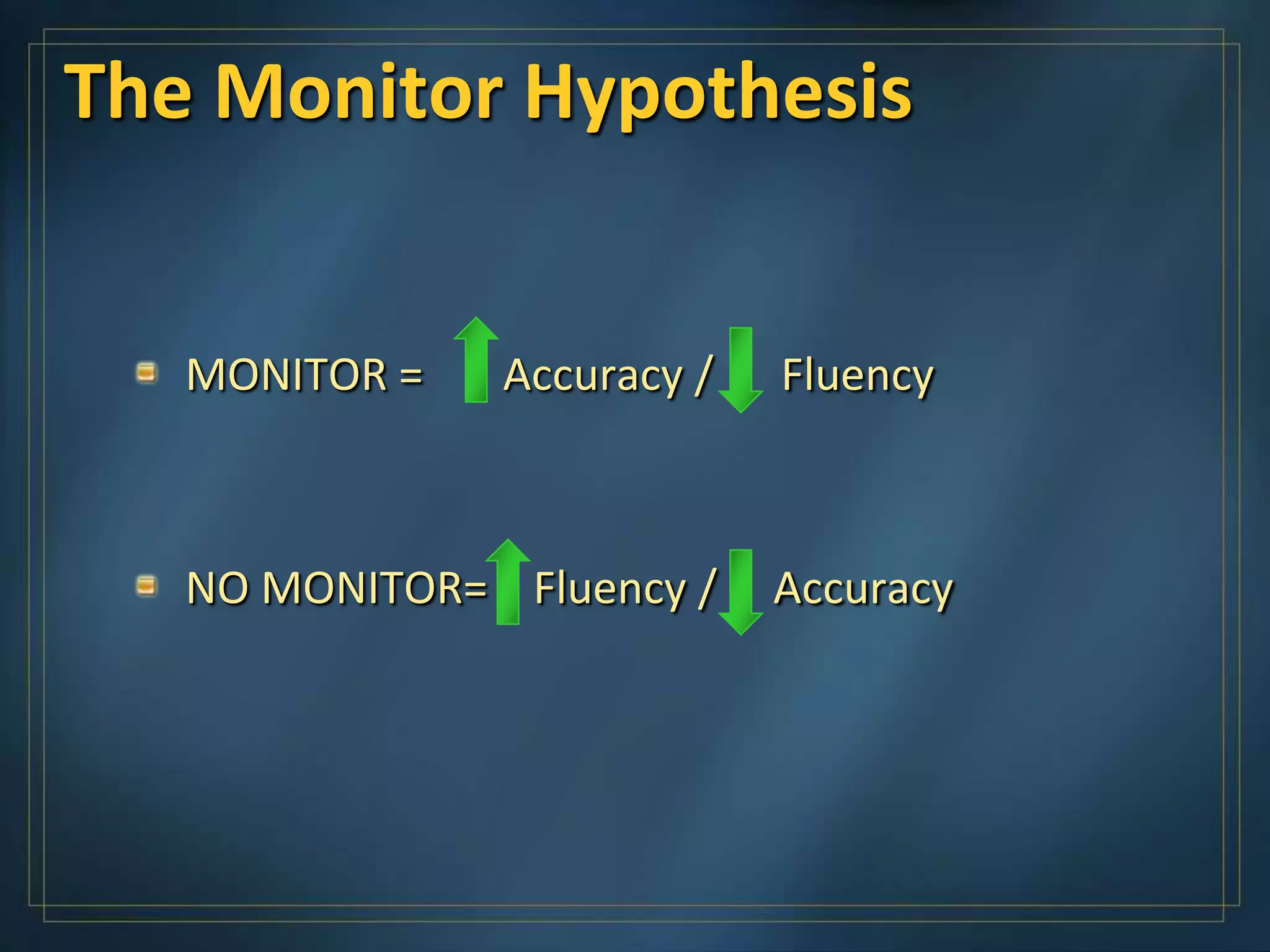 The Monitor Hypothesis


   MONITOR =   Accuracy /   Fluency



   NO MONITOR= Fluency /    Accuracy
 