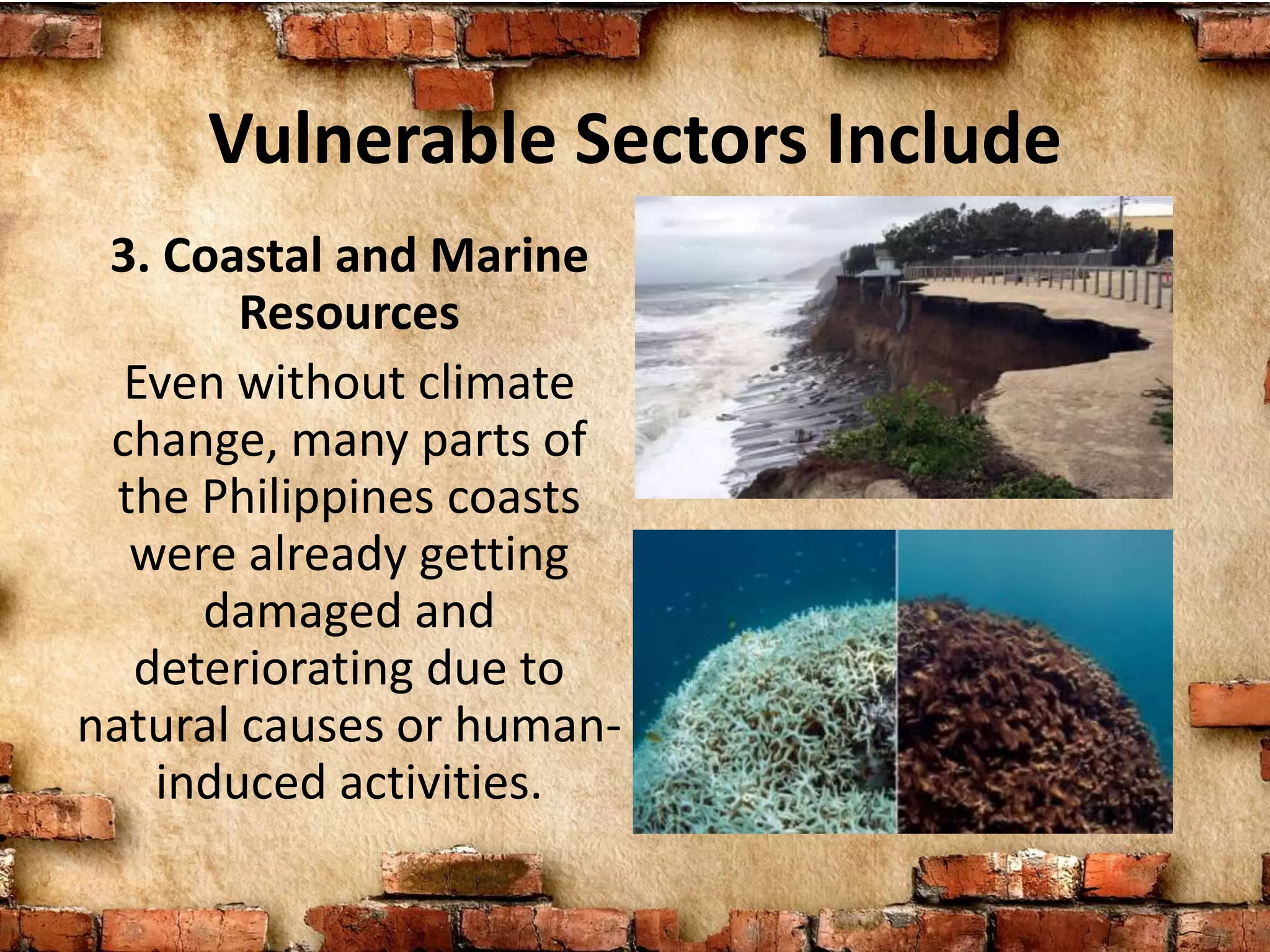 Vulnerable Sectors Include
3. Coastal and Marine
Resources
Even without climate
change, many parts of
the Philippines coasts
were already getting
damaged and
deteriorating due to
natural causes or human-
induced activities.
 