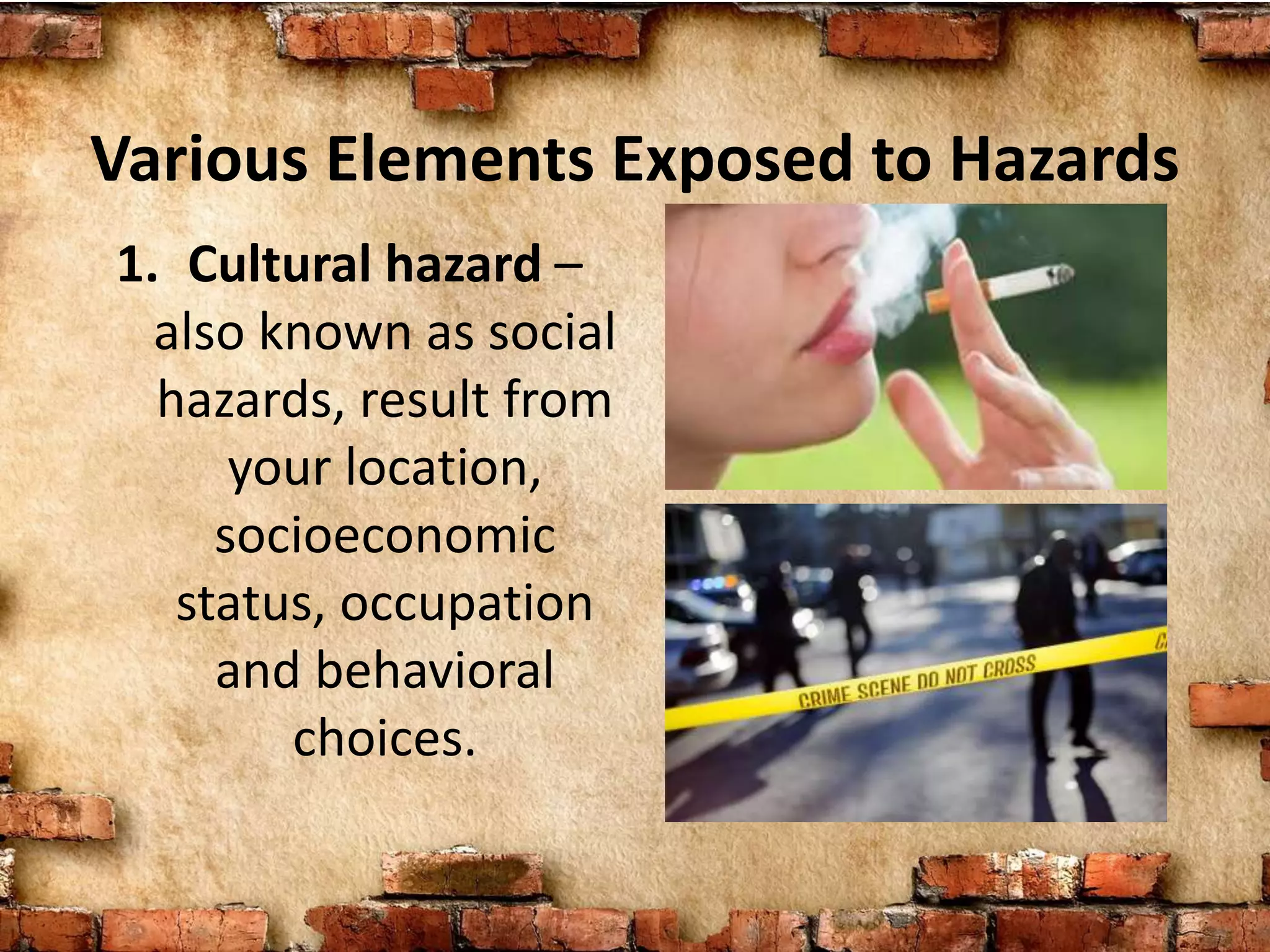 Various Elements Exposed to Hazards
1. Cultural hazard –
also known as social
hazards, result from
your location,
socioeconomic
status, occupation
and behavioral
choices.
 
