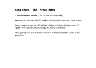 Step Three – The Threat Index
1. Normalize your metrics. (That’s a little bit more tricky.)
Example: You measure 200,000 blocked phishing mails last month. Good or bad?
When you got an average of 6,000,000 blocked phishing mails per month, it’s
“good”. If you count 4,000 in average, it’s nearly “worst case”.
Thus, putting your threat related metrics in an historical context seems to be a
good idea.
 