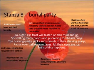 Stanza 8 – burial party
                                                                    Illustrates how
                             ‘us’ personified, creates sense of     war has hardened
  ‘half known faces’
                             sympathy towards solider, makes        the men, it shows
  have lost their
                             their situation more relatable to      a lack of emotion
  identity
                             the reader
             To-night, His frost will fasten on this mud and us,
          Shrivelling many hands and puckering foreheads crisp.
       The burying-party, picks and shovels in their shaking grasp,
            Pause over half-known faces. All their eyes are ice,
Lost hope, emphasizes          But nothing happens.
resignation of soldiers

     Repetition of this
                                         Descriptive imagery
     emphasizes ‘exposure’
                                         used, symptoms of severe
                                         frostbite
 