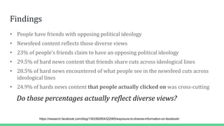 Findings
• People have friends with opposing political ideology
• Newsfeed content reflects those diverse views
• 23% of people’s friends claim to have an opposing political ideology
• 29.5% of hard news content that friends share cuts across ideological lines
• 28.5% of hard news encountered of what people see in the newsfeed cuts across
ideological lines
• 24.9% of hards news content that people actually clicked on was cross-cutting
Do those percentages actually reflect diverse views?
https://research.facebook.com/blog/1393382804322065/exposure-to-diverse-information-on-facebook/
 