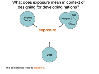 What does exposure mean in context of
       designing for developing nations?
                                                        $$$
               Designed                      Designer
                Culture
                                                    Client

                             exposure




                                      User




This convergence leads to exposure.
 