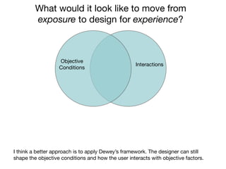What would it look like to move from
         exposure to design for experience?



                   Objective
                                                    Interactions
                   Conditions




I think a better approach is to apply Dewey’s framework. The designer can still
shape the objective conditions and how the user interacts with objective factors.
 