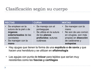 Clasificación según su cuerpo
RECTAS CURVA MIXTAS
• Se emplean en la
sutura de la piel o de
órganos
exteriorizados de las
cavidades
• Se manejan con la
mano
• Se maneja con el
portaagujas
• Se utiliza en la sutura
de los planos
profundos: suturas
cutáneas
• Se manejan con la
mano
• No son de uso común
en cirugías, son más
propias en disección
de cadáveres y
autopsias
• Hay ajugas que tienen la forma de una espátula o de savia y que
hacen una hendidura y se utilizan en oftalmología
• Las agujas con punta de trócar para tejidos que serían muy
resistentes como las fascias y cartílagos
 