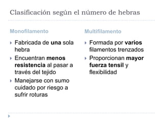 Clasificación según el número de hebras
Monofilamento Multifilamento
 Fabricada de una sola
hebra
 Encuentran menos
resistencia al pasar a
través del tejido
 Manejarse con sumo
cuidado por riesgo a
sufrir roturas
 Formada por varios
filamentos trenzados
 Proporcionan mayor
fuerza tensil y
flexibilidad
 