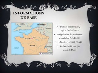 INFORMATIONS
DE BASE
• Yvelines département,

région Île-de-France
• désignés sites du patrimoine
mondial de l'UNESCO
• Habitation en 2008: 88,641
• Surface: 26,18 km² (un
quart de Paris)

 