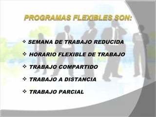  SEMANA DE TRABAJO REDUCIDA 
 HORARIO FLEXIBLE DE TRABAJO 
 TRABAJO COMPARTIDO 
 TRABAJO A DISTANCIA 
 TRABAJO PARCIAL 
 