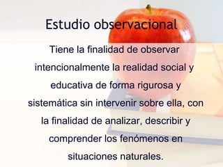 Estudio observacional  Tiene la finalidad de observar  intencionalmente la realidad social y educativa de forma rigurosa y sistemática sin intervenir sobre ella, con la finalidad de analizar, describir y comprender los fenómenos en situaciones naturales.