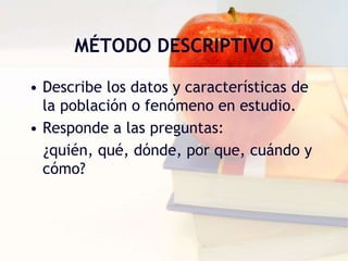 MÉTODO DESCRIPTIVODescribe los datos y características de la población o fenómeno en estudio. Responde a las preguntas:    ¿quién, qué, dónde, por que, cuándo y cómo?