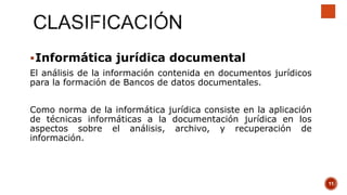 Informática jurídica documental
El análisis de la información contenida en documentos jurídicos
para la formación de Bancos de datos documentales.
Como norma de la informática jurídica consiste en la aplicación
de técnicas informáticas a la documentación jurídica en los
aspectos sobre el análisis, archivo, y recuperación de
información.
11
 