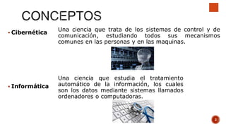  Cibernética
Una ciencia que trata de los sistemas de control y de
comunicación, estudiando todos sus mecanismos
comunes en las personas y en las maquinas.
 Informática
Una ciencia que estudia el tratamiento
automático de la información, los cuales
son los datos mediante sistemas llamados
ordenadores o computadoras.
3
 