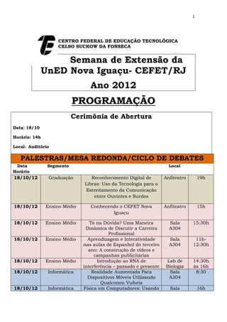 1




                    CENTRO FEDERAL DE EDUCAÇÃO TECNOLÓGICA
                    CELSO SUCKOW DA FONSECA


                    Semana de Extensão da
               UnED Nova Iguaçu- CEFET/RJ
                                 Ano 2012
                           PROGRAMAÇÃO
                           Cerimônia de Abertura
Data: 18/10

Horário: 14h

Local: Auditório

   PALESTRAS/MESA REDONDA/CICLO DE DEBATES
 Data           Segmento                                         Local         Horário
18/10/12        Graduação        Reconhecimento Digital de        Anfiteatro         19h
                              Libras: Uso da Tecnologia para o
                               Estreitamento da Comunicação
                                  entre Ouvintes e Surdos

18/10/12       Ensino Médio      Conhecendo o CEFET Nova          Anfiteatro         15h
                                         Iguaçu

18/10/12       Ensino Médio      Tá na Dúvida? Uma Maneira         Sala          15:30h
                               Dinâmica de Discutir a Carreira     A306
                                          Profissional
18/10/12       Ensino Médio     Aprendizagem e Interatividade    Anfiteatro       11h-
                              nas aulas de Espanhol do terceiro                  12:30h
                                ano: A construção de vídeos e
                                   campanhas publicitárias
18/10/12       Ensino Médio          Introdução ao RNA de          Sala          14:30h
                              interferência – passado e presente   A308          às 16h
18/10/12        Informática       Realidade Aumentada Para         Sala           8:30
                                Dispositivos Móveis Utilizando     A304
                                       Qualcomm Vuforia
18/10/12        Informática   Física em Computadores: Usando       Sala              16h
                                   o Computador como um            A304
 