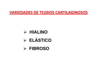 VARIEDADES DE TEJIDOS CARTILAGINOSOS



       HIALINO
       ELÁSTICO
       FIBROSO
 
